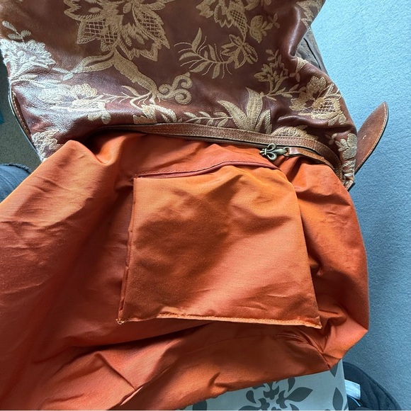 Donald J. Pliner Leather Embroidered Floral Patterned Hobo Bag in Brown Orange - Picture 13 of 16